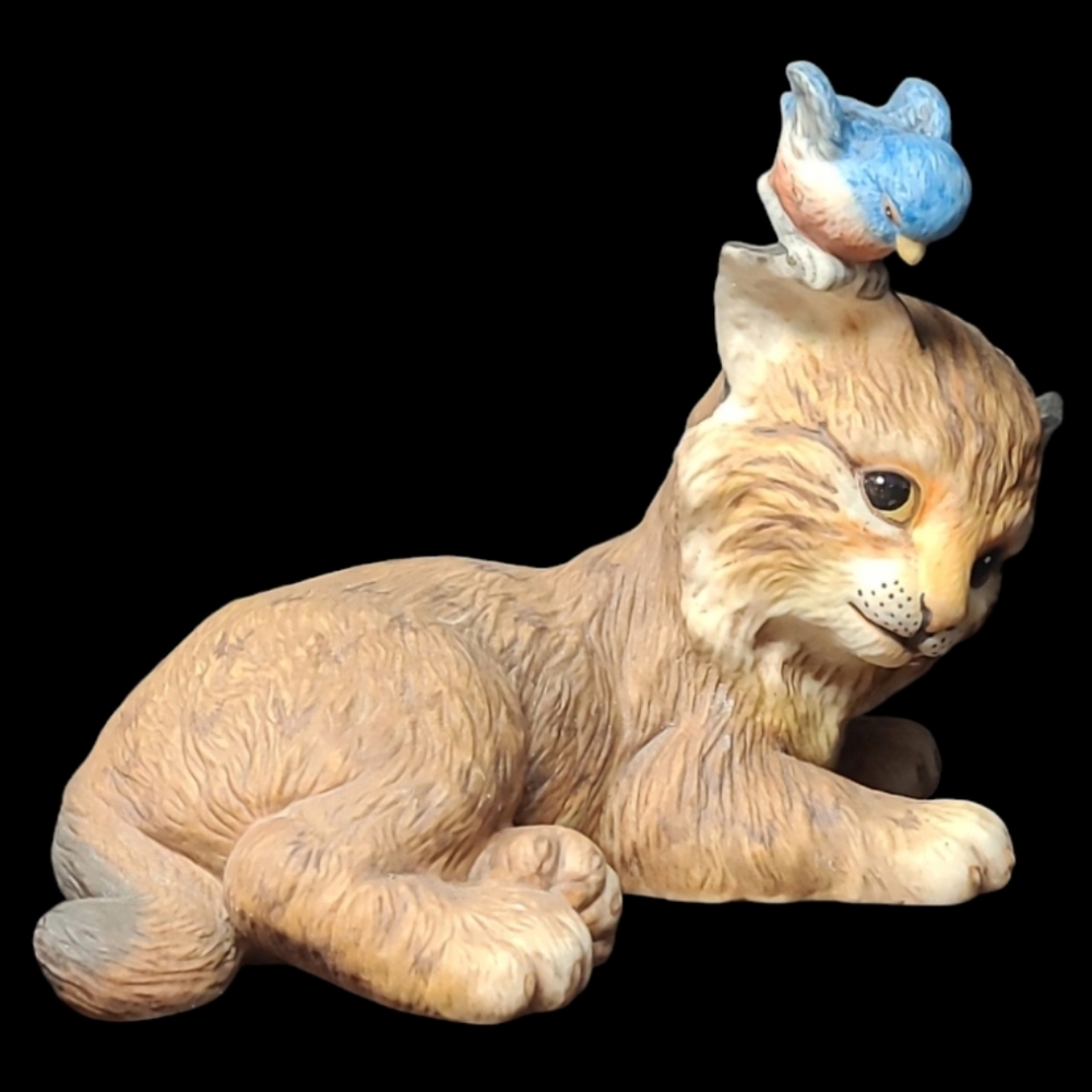 1986 THE FRANKLIN MINT: PEEK A BOO! CAT & BIRD PORCELAIN FIGURINE